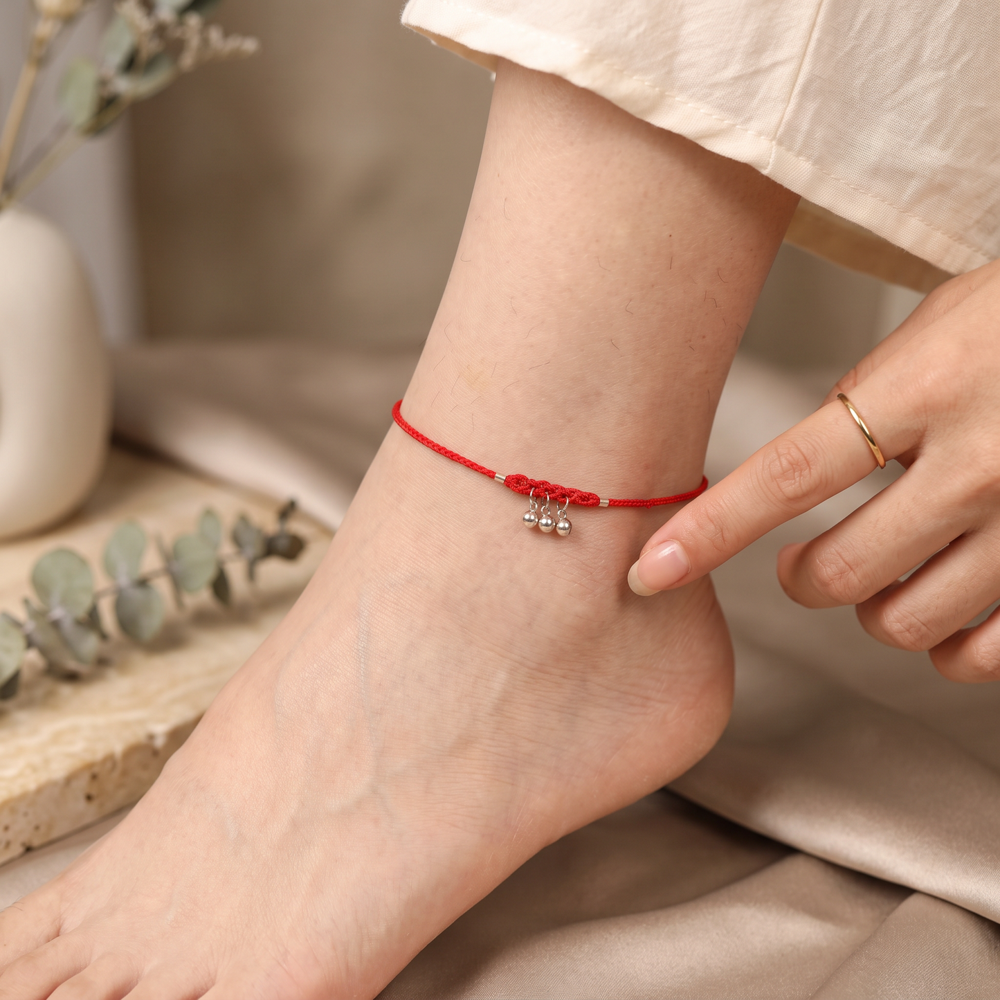 s925 Sterling Silver Bell Red String Anklet Lucky Fortune Bead