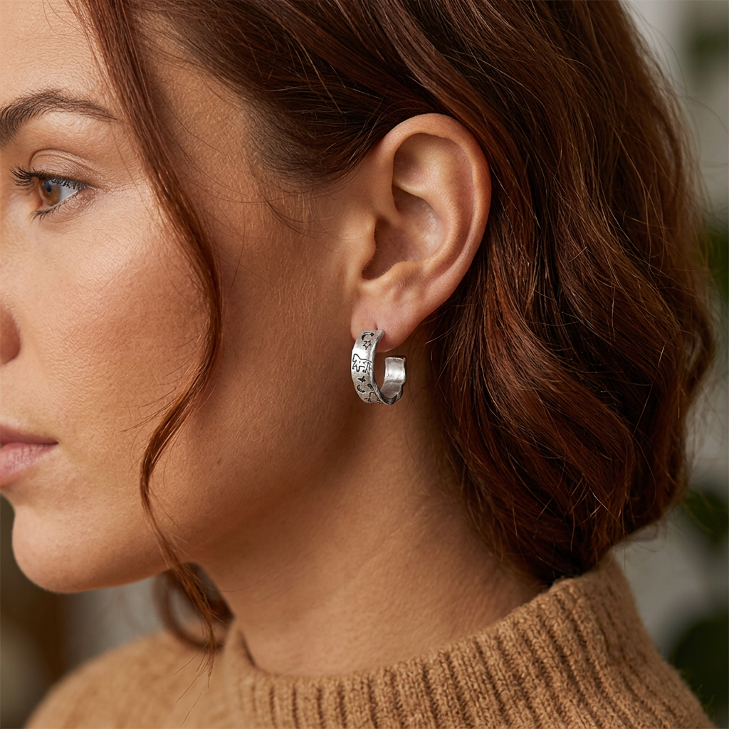 S999 Fine Silver Vintage Dream Horse Hoop Stud Earring