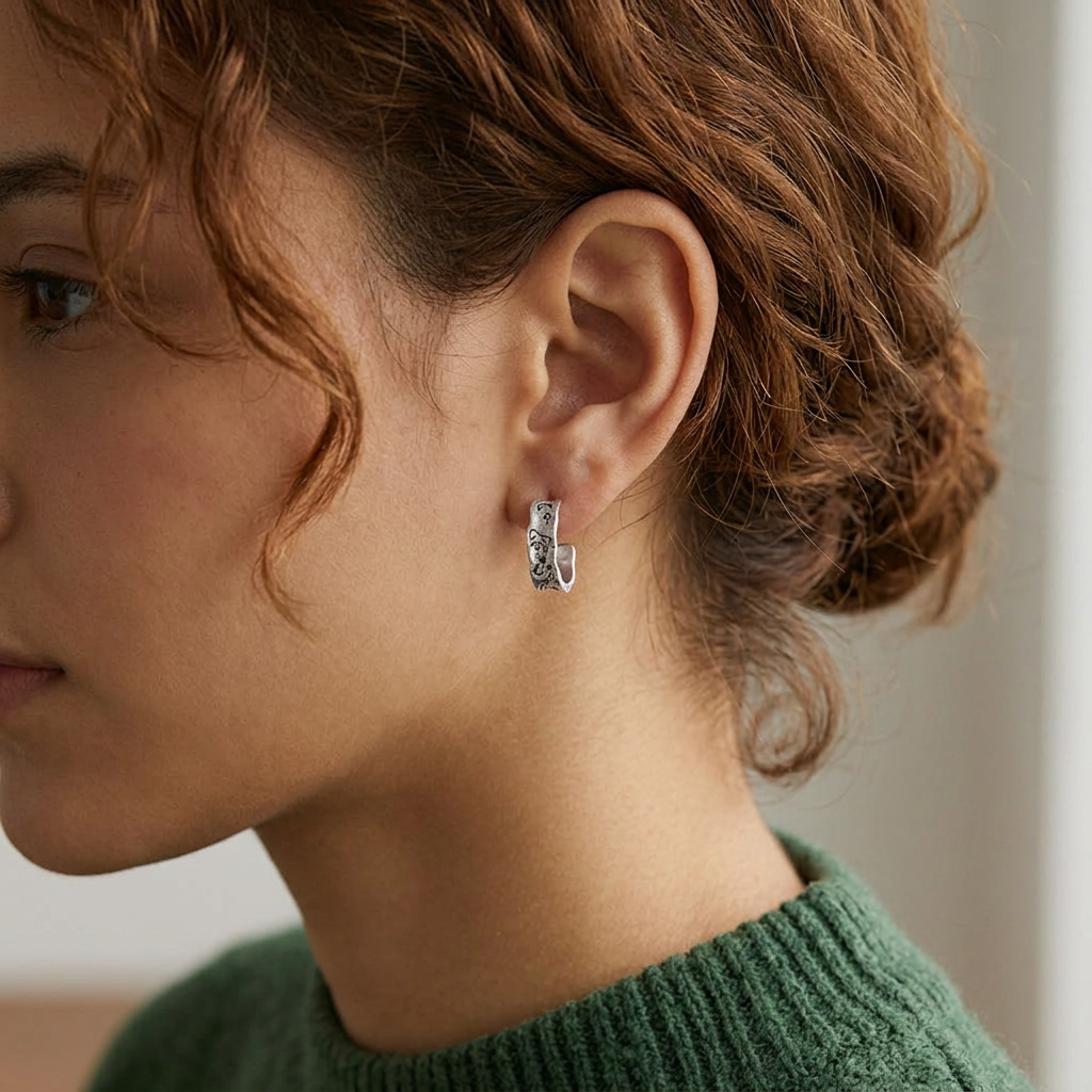 S999 Fine Silver Vintage Dream Horse Hoop Stud Earring