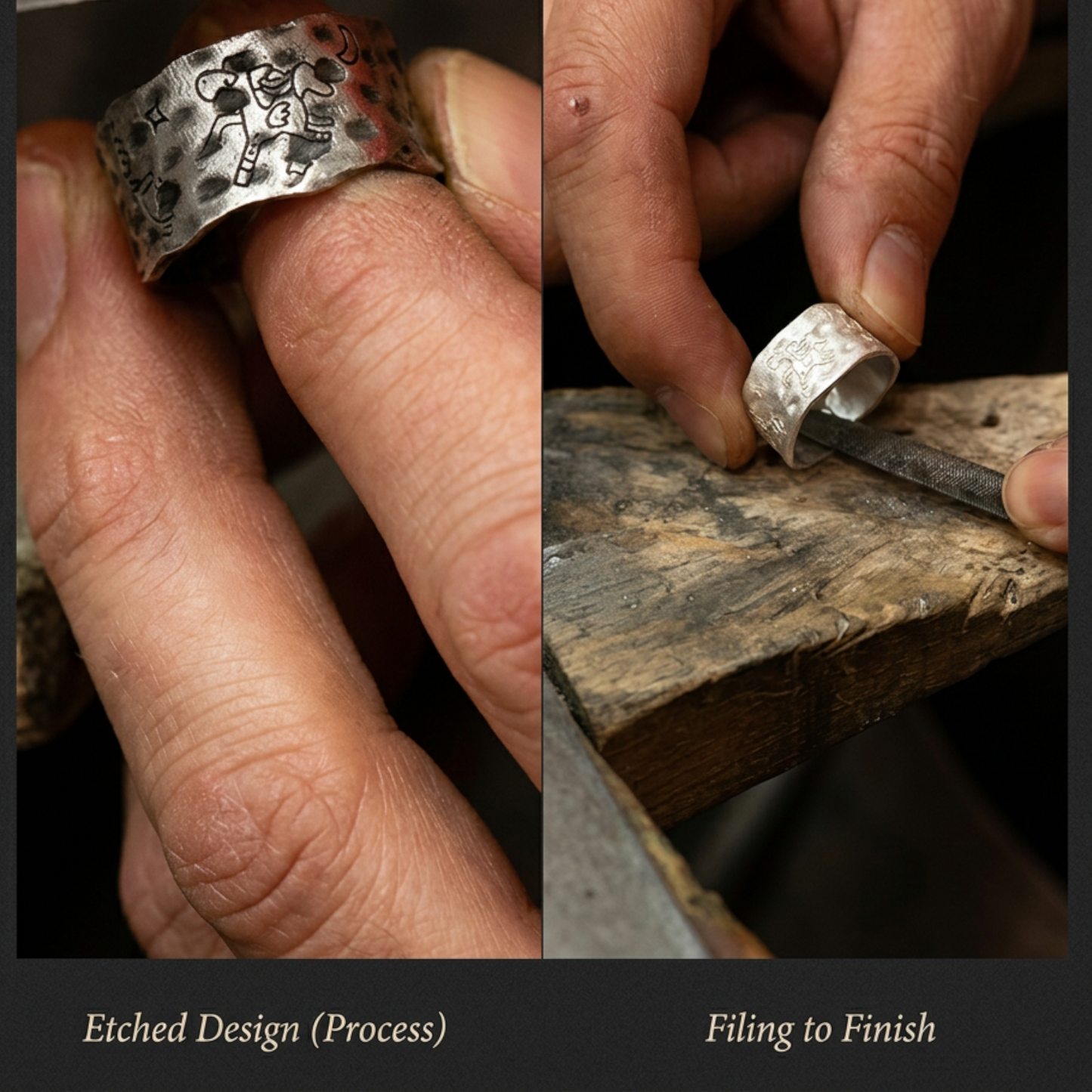 S999 Fine Silver Vintage Retro Graffiti Year of the Horse Fun Zodiac Band Ring Unisex