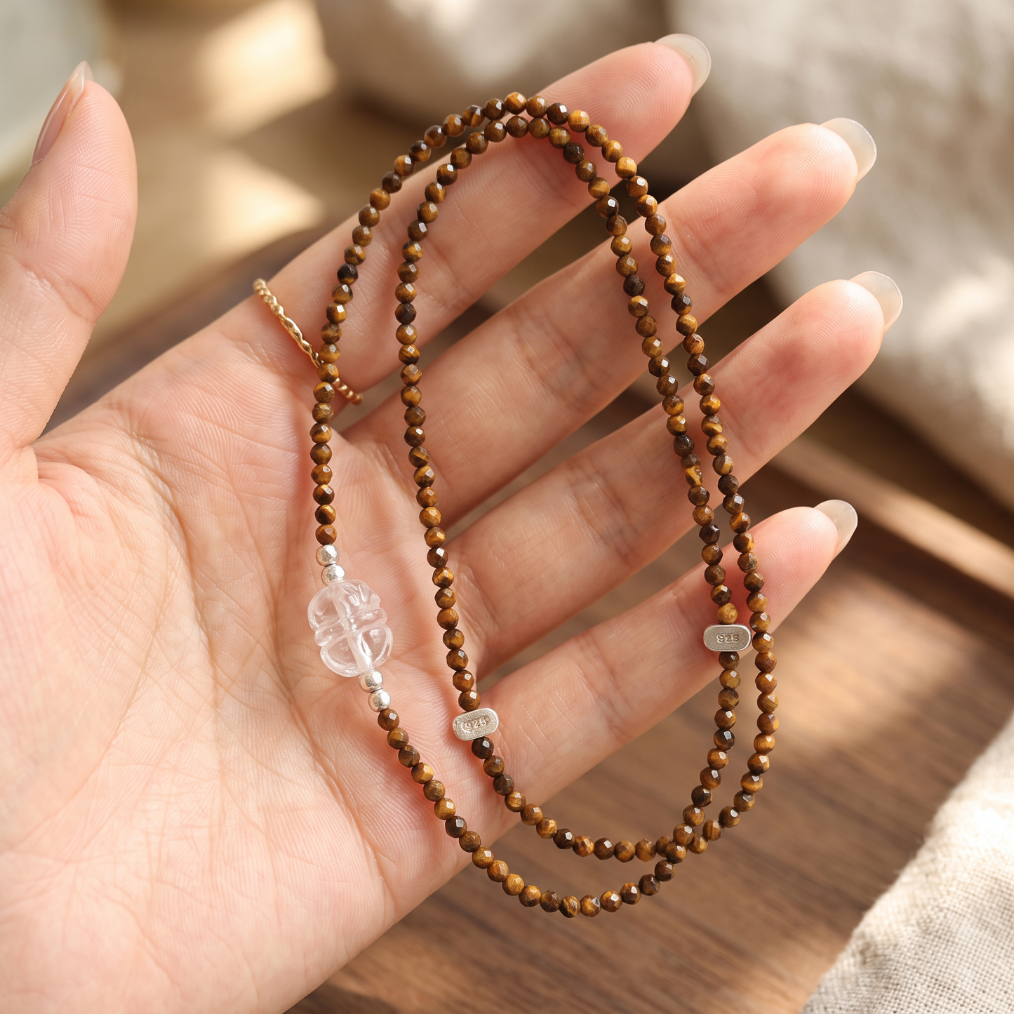 s925 Sterling Silver Natural Clear Quartz Tiger's Eye Choker Necklace
