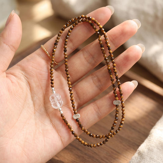 s925 Sterling Silver Natural Clear Quartz Tiger's Eye Choker Necklace