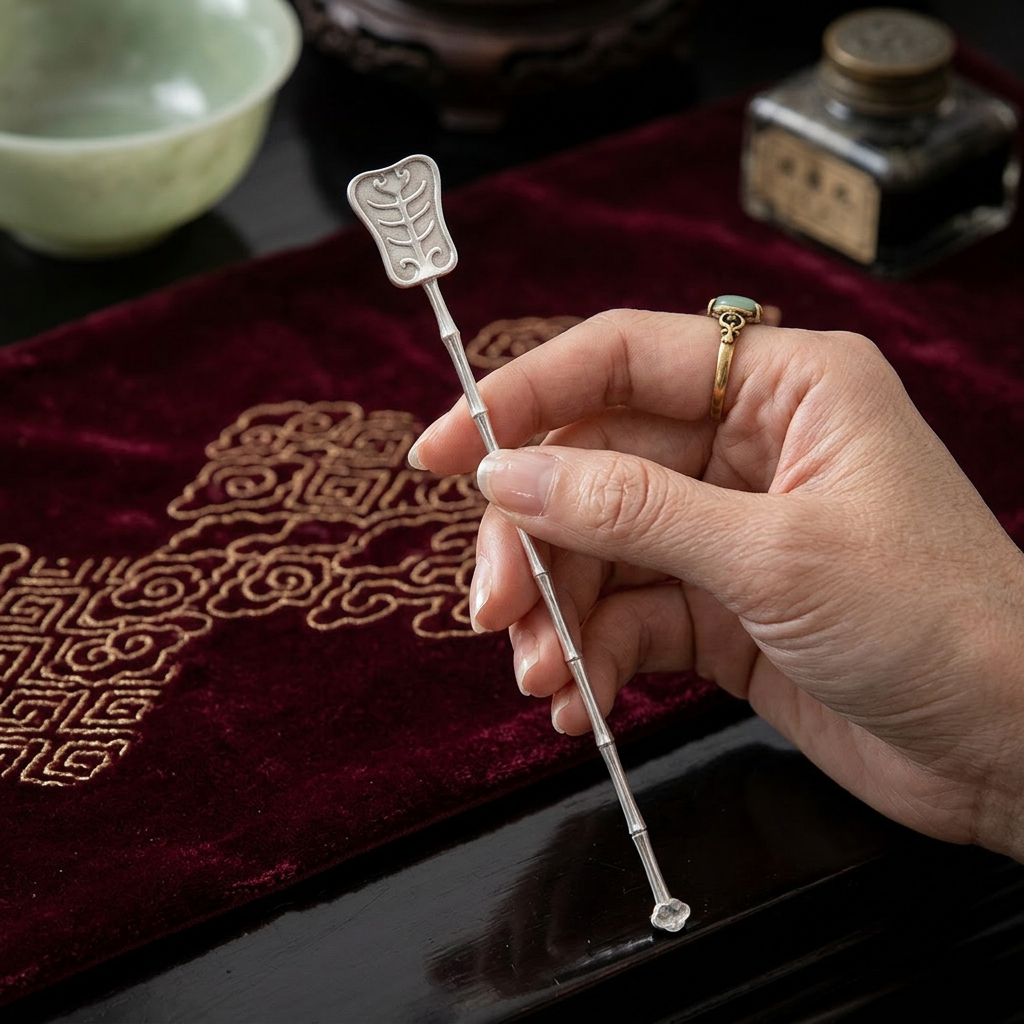 S999 Fine Silver Handcrafted Bamboo Joint Minimal Banana Leaves Fan Kung Fu Tea Scoop