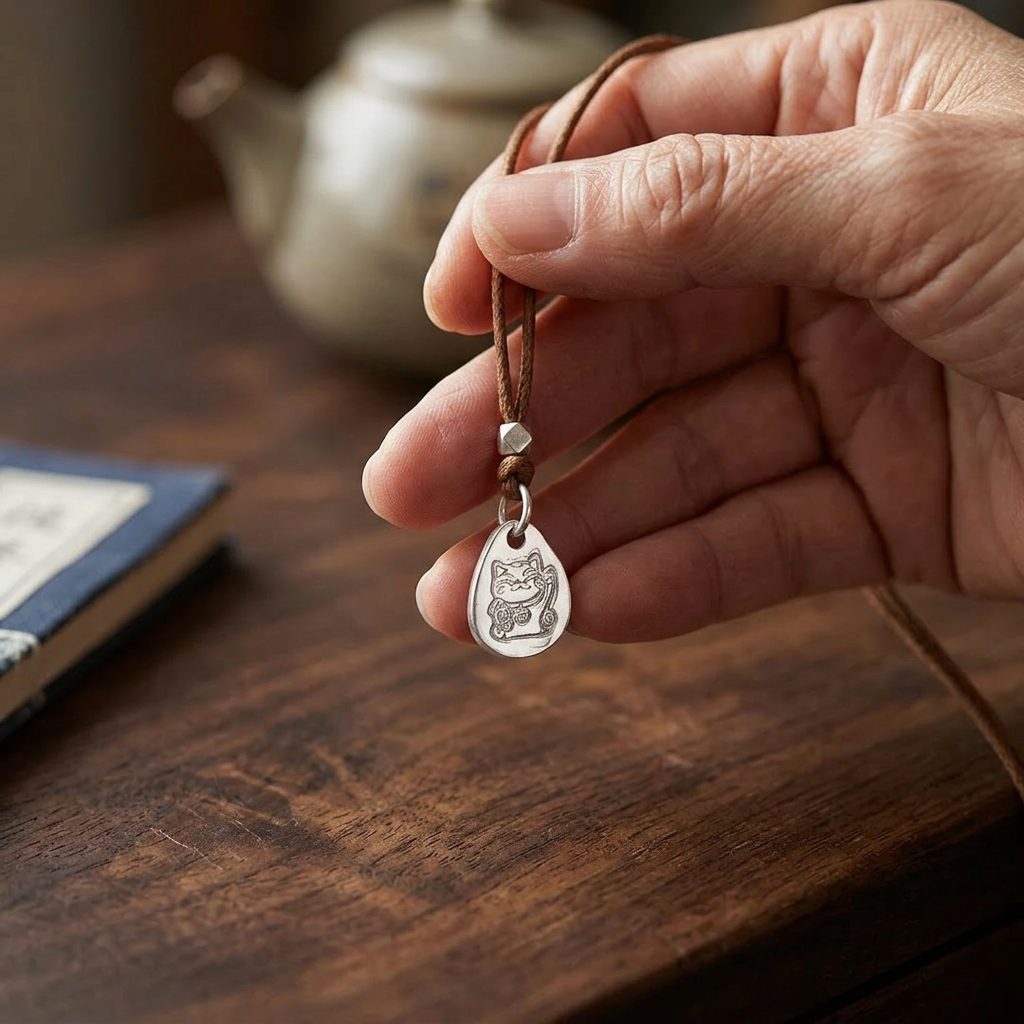999 Fine Solid Silver Lucky Maneki-neko Cat Pendant Cord Adjustable Necklace
