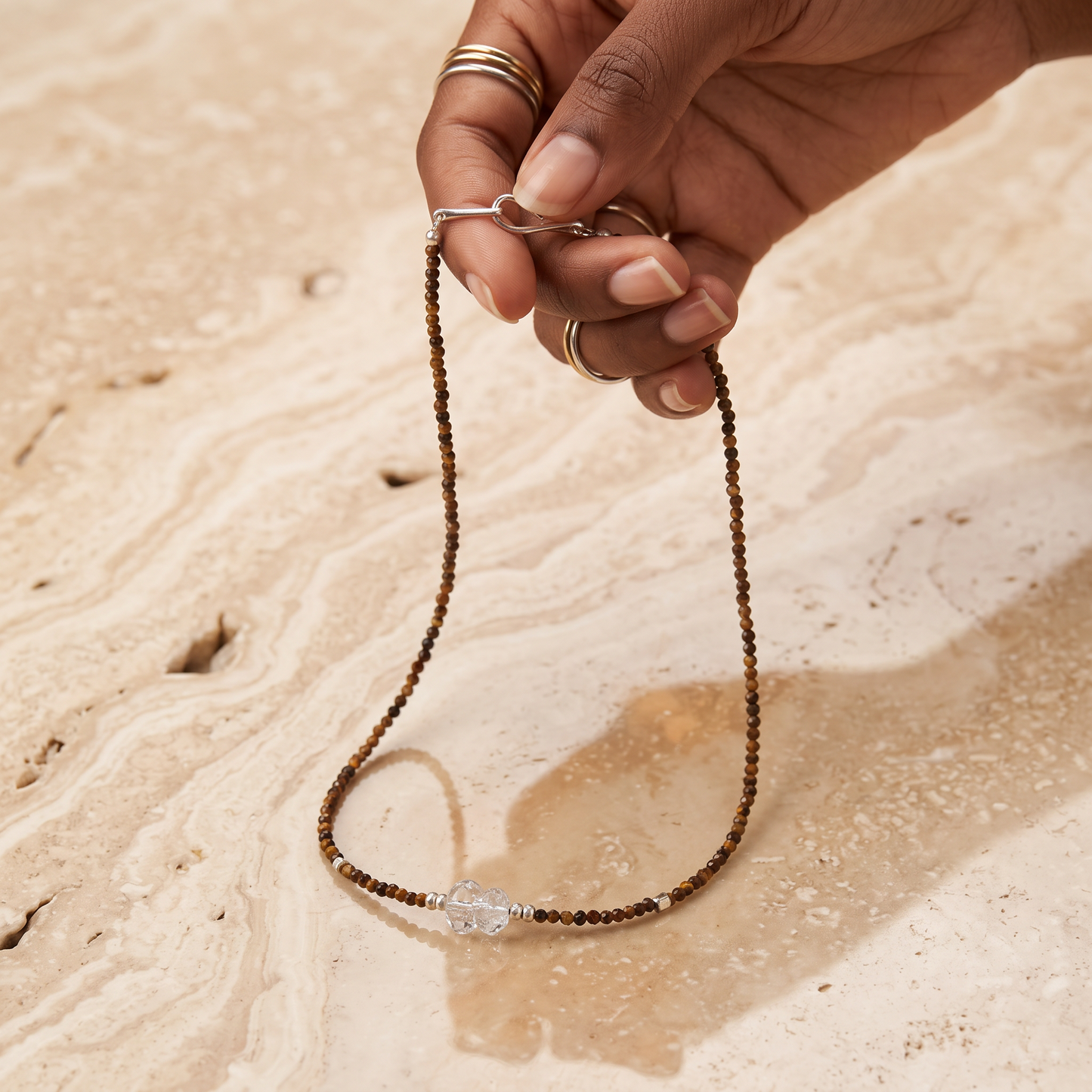 s925 Sterling Silver Natural Clear Quartz Tiger's Eye Choker Necklace