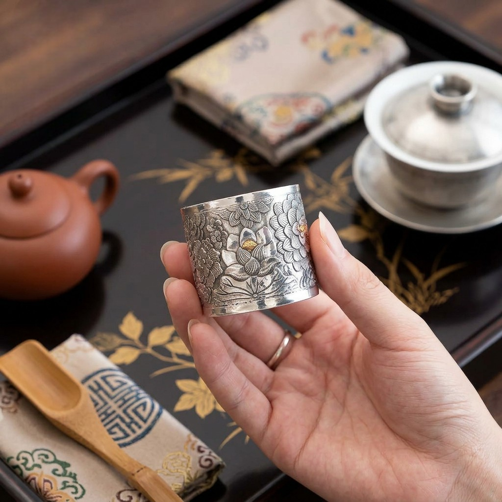 s999 Fine Silver Jade Engraved Flower Tea Pot Cover Stand Accessory