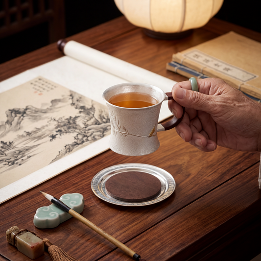 s999 Handmade fine silver matte ‘Goldfinch’ Mug Sandalwood Handle Suitable for tea, coffee