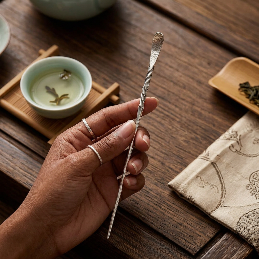 S999 Fine Silver Minimal Stirrer Twist Tea Spoon Needle