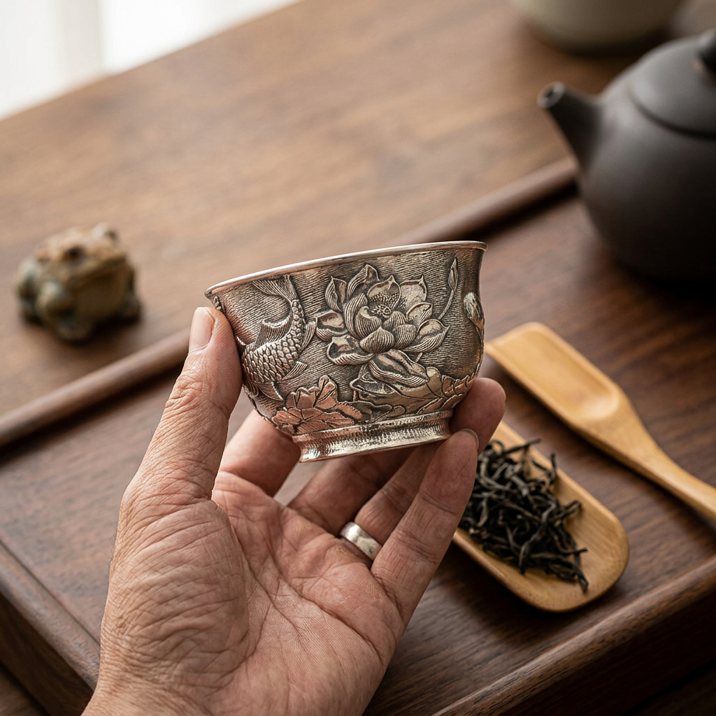 s999 Fine Silver Lotus Koi Fish Lucky Hand Engraved Tea Cup