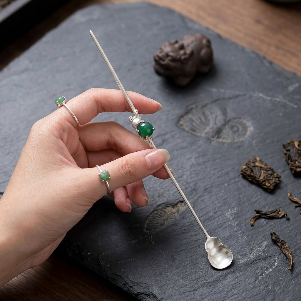 S999 Fine Silver Handcrafted Jade Gourd Tea Scoop Spoon