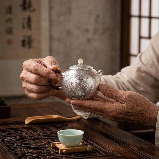 s999 Fine Silver Bamboo handle Minimalist Tea Kettle Pot