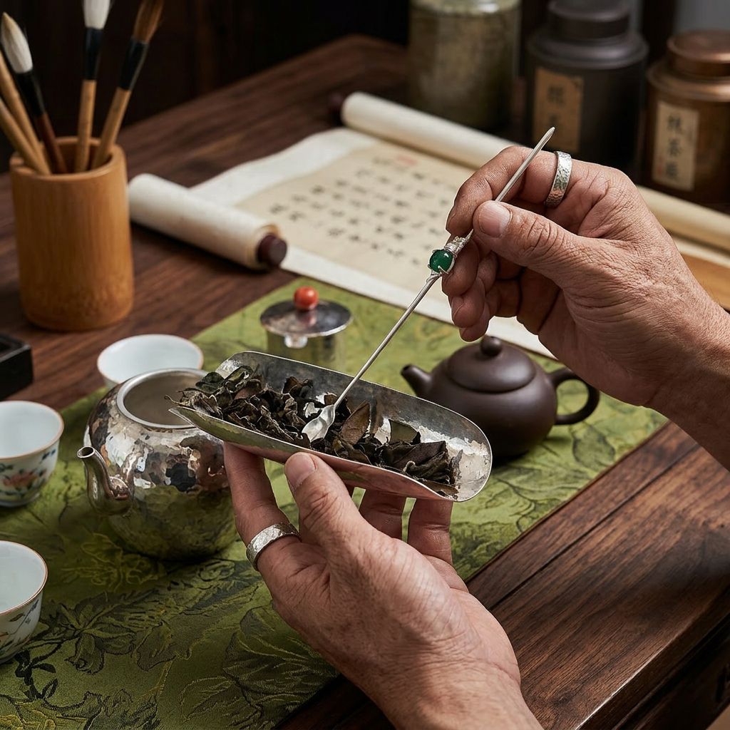 S999 Fine Silver Handcrafted Jade Gourd Tea Scoop Spoon