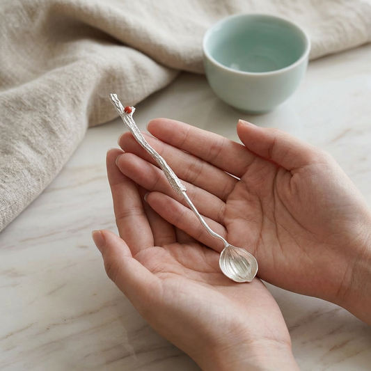 S999 Fine Silver Minimal Red Agate Stirrer Tea Spoon