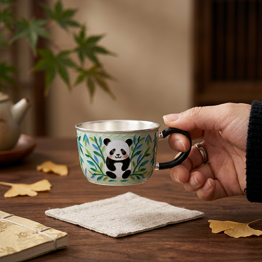 s999 Fine Silver Panda Mug Handmade Cloisonné Small Teacup Coffee Cup