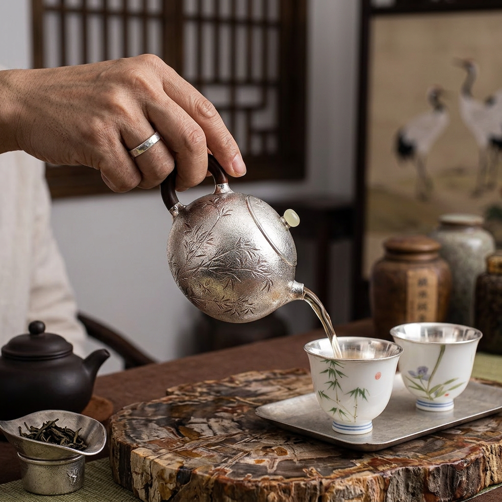 s999 Fine Silver Bamboo handle Minimalist Tea Kettle Pot