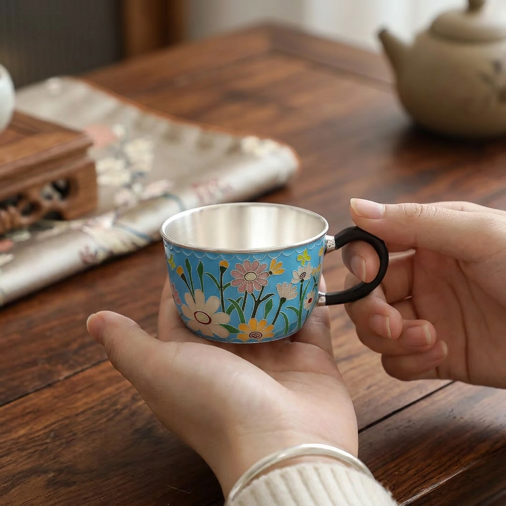s999 Fine Silver Floral Mug Handmade Cloisonné Small Teacup Coffee Cup