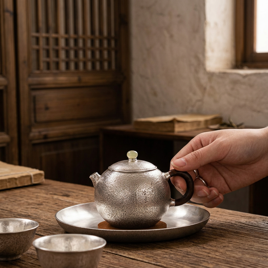 s999 Fine Silver Bamboo handle Minimalist Tea Kettle Pot