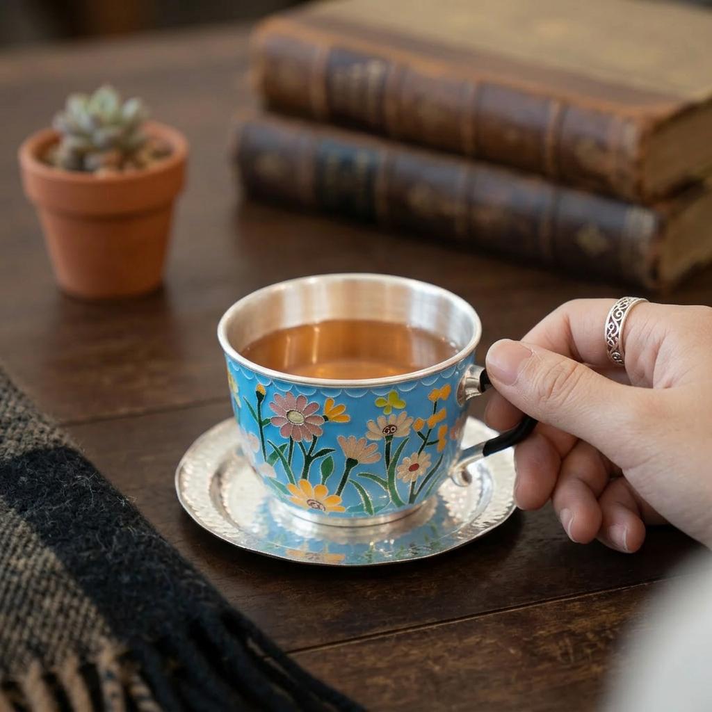 s999 Fine Silver Floral Mug Handmade Cloisonné Small Teacup Coffee Cup