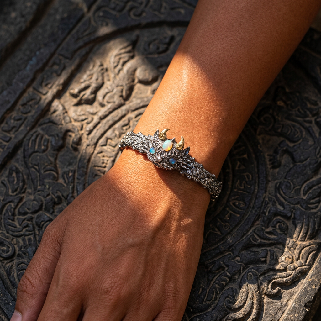 s925 Sterling Silver Vintage Mythical Beast Open-ended Opal Cuff Bangle Bracelet