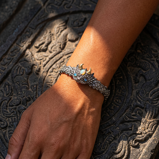 s925 Sterling Silver Vintage Mythical Beast Open-ended Opal Cuff Bangle Bracelet