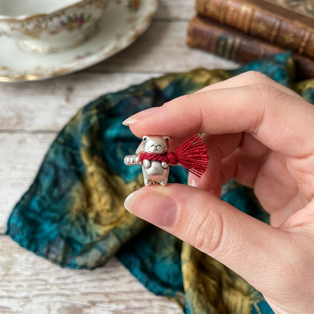 s999 Fine Silver Kitty Cat with Red Braided Scarf Beads Ring