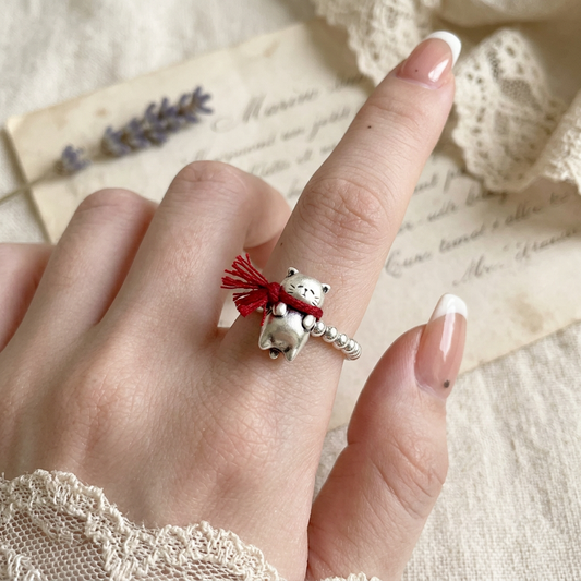 s999 Fine Silver Kitty Cat with Red Braided Scarf Beads Ring