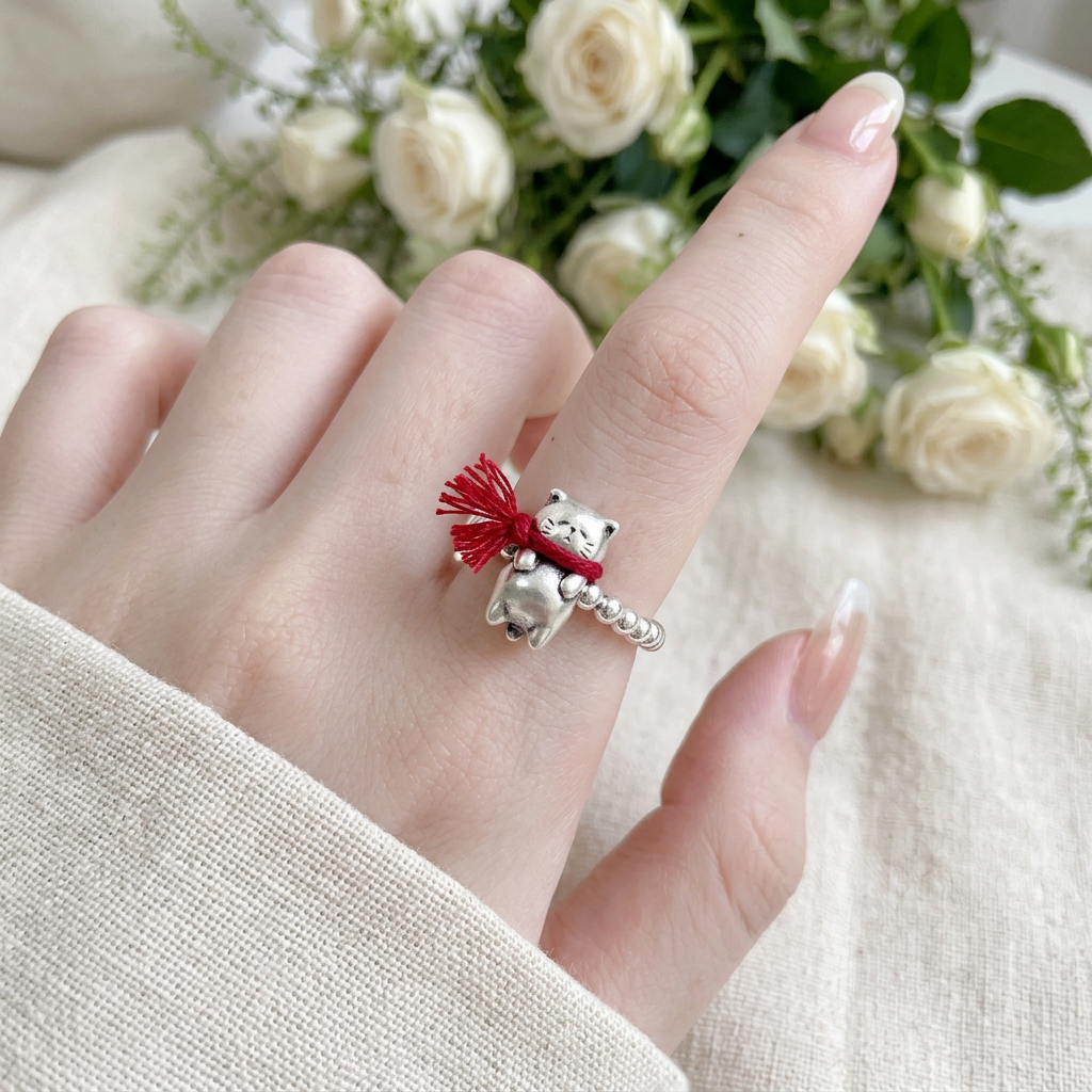 s999 Fine Silver Kitty Cat with Red Braided Scarf Beads Ring