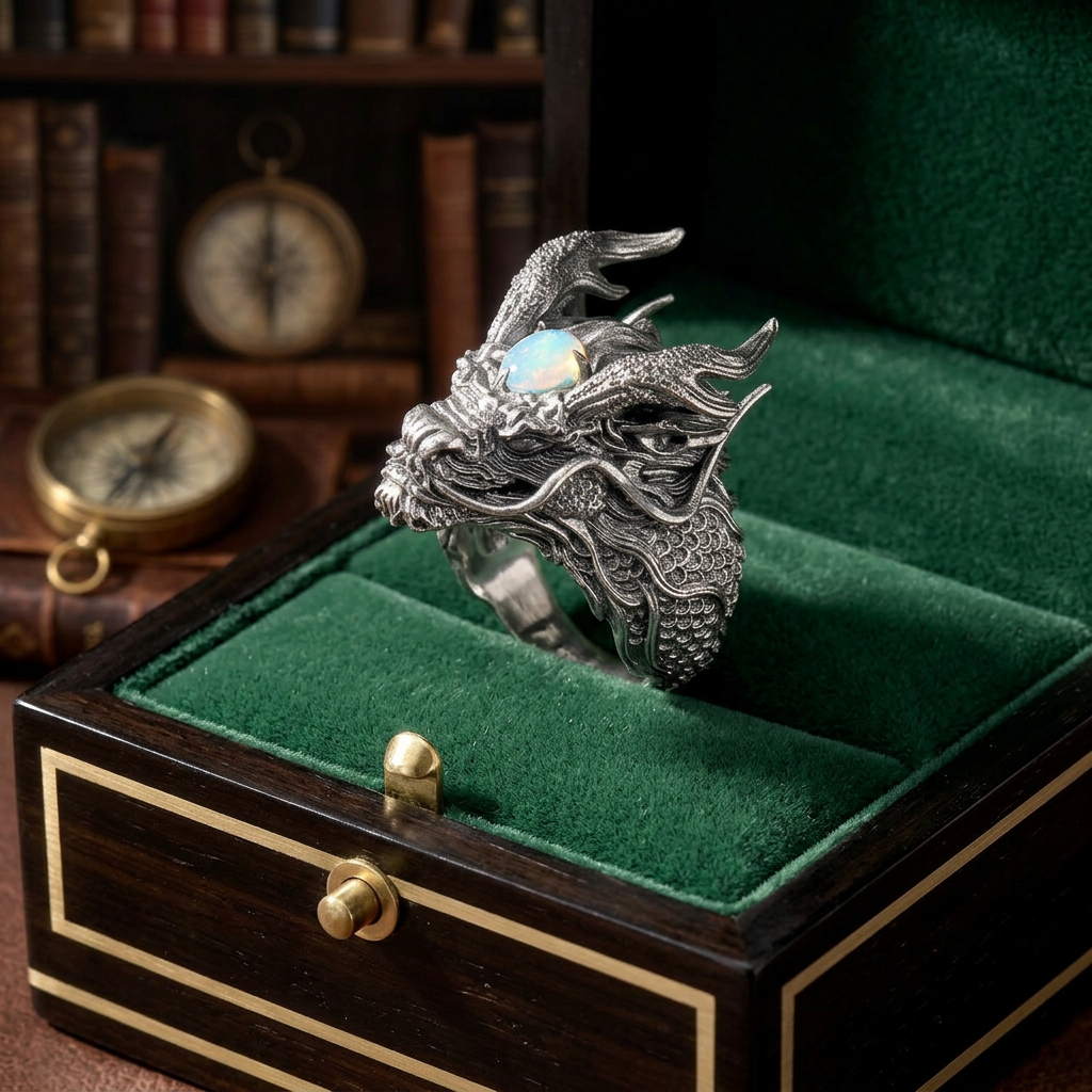 s925 Sterling Silver Unique Opal Dragon Ring