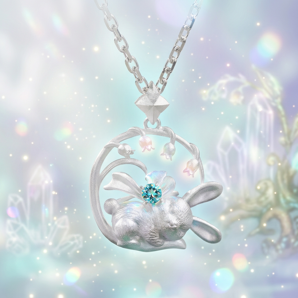 s925 Sterling Silver Cute Sleeping Bunny Rabbit Bluebell Flower Pendant Necklace