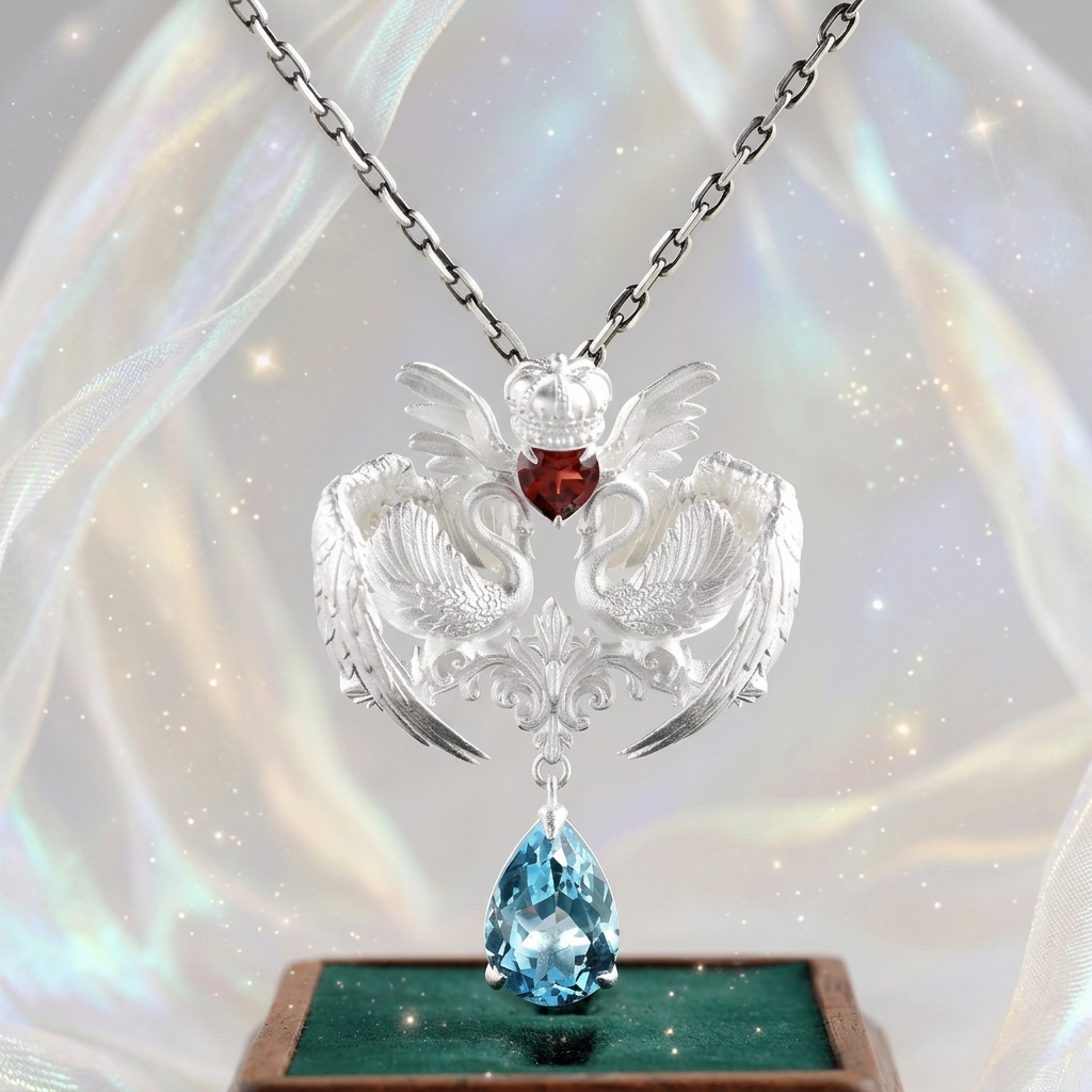 s925 Sterling Silver Swan Pendant Blue Topaz Necklace