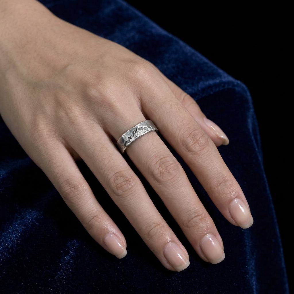 S999 Fine Silver Rustic Snow Mountain Landscape Minimalist Unisex Ring