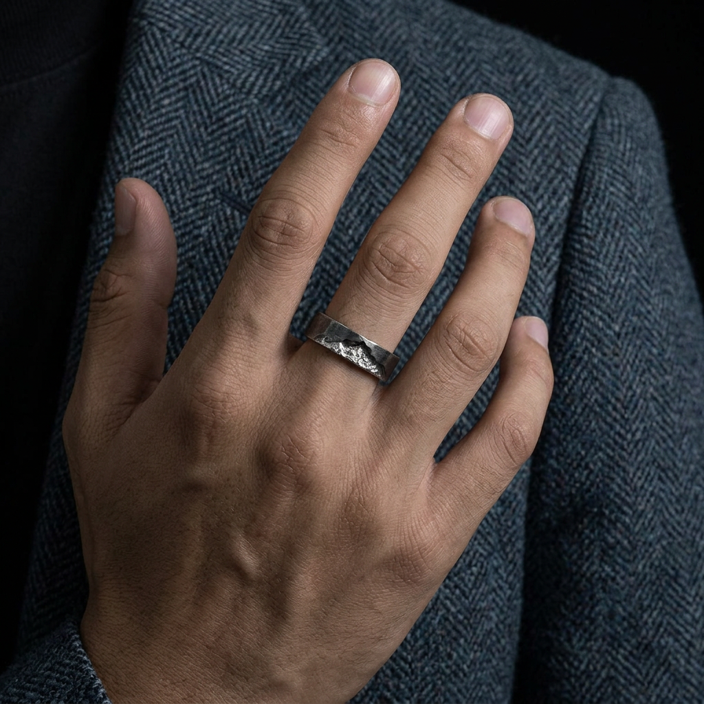 S999 Fine Silver Rustic Snow Mountain Landscape Minimalist Unisex Ring