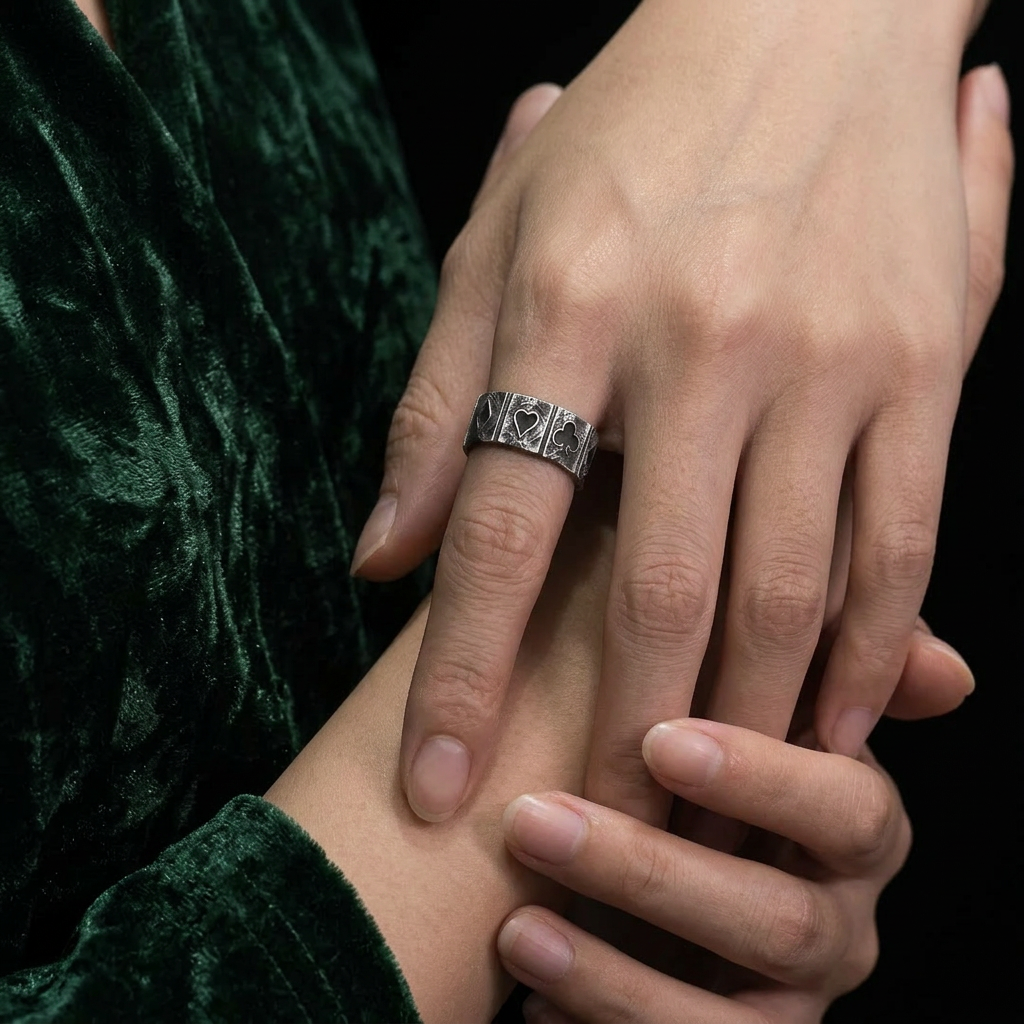 S999 Fine Silver Vintage Lucky Poker Band Ring Unisex Men Women