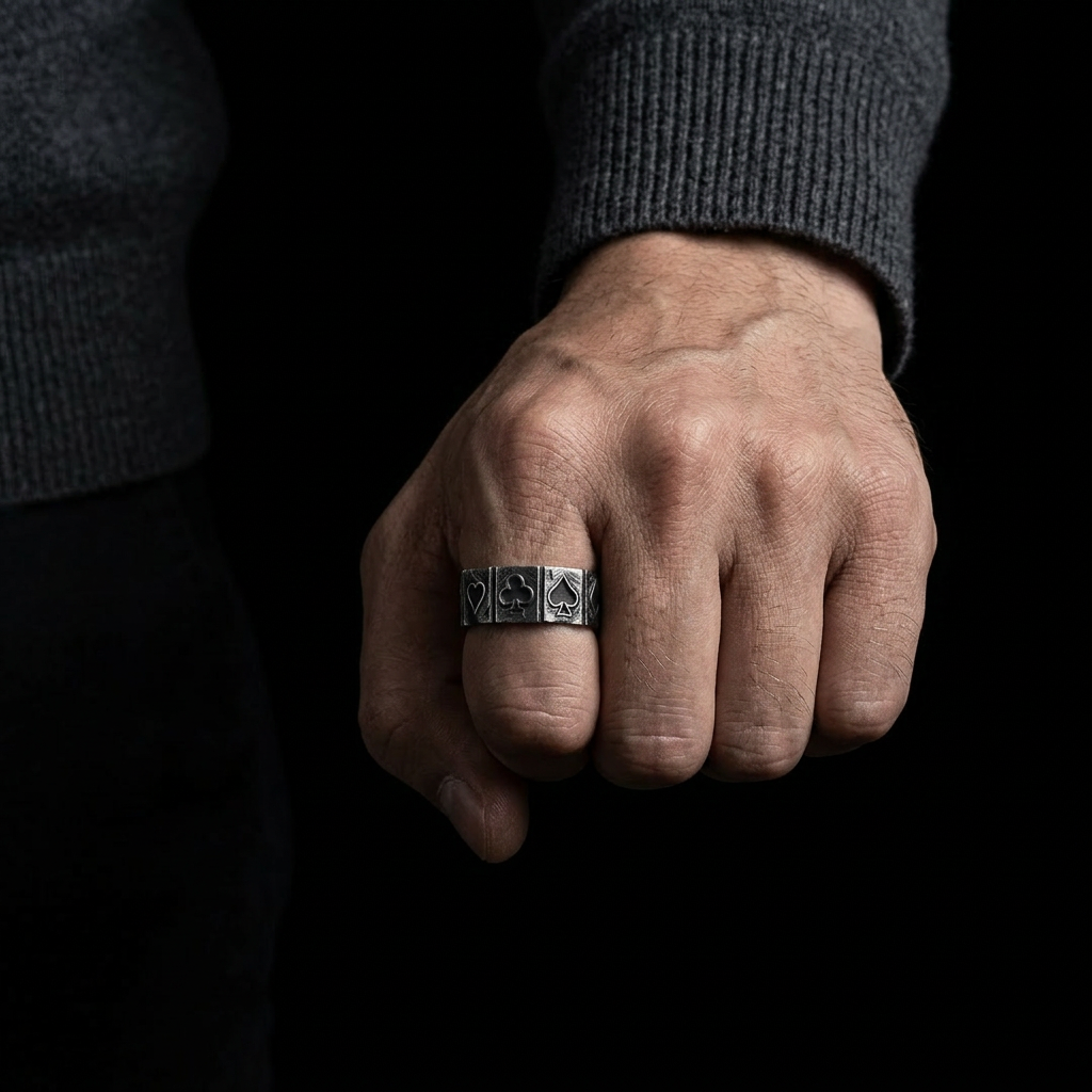S999 Fine Silver Vintage Lucky Poker Band Ring Unisex Men Women