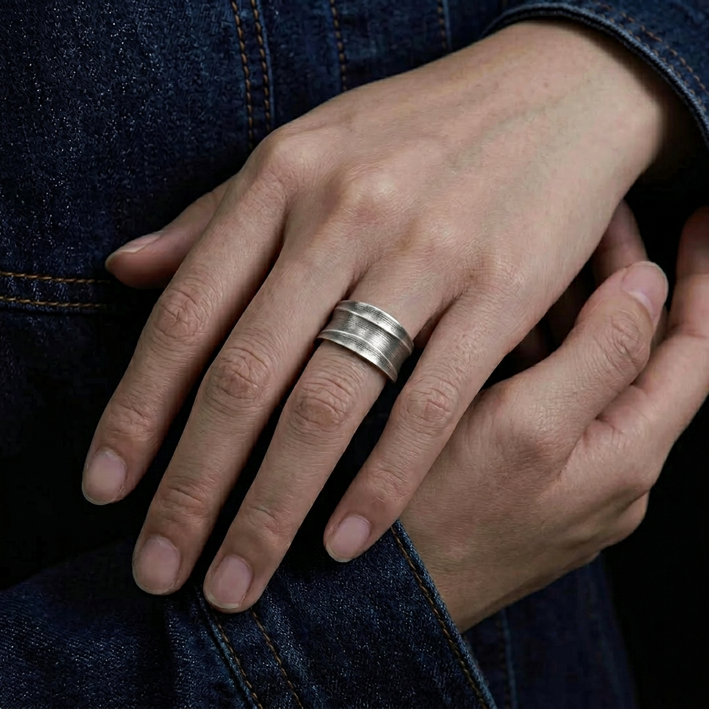 S999 Fine Silver Vintage Pattern Minimal Men Band Ring