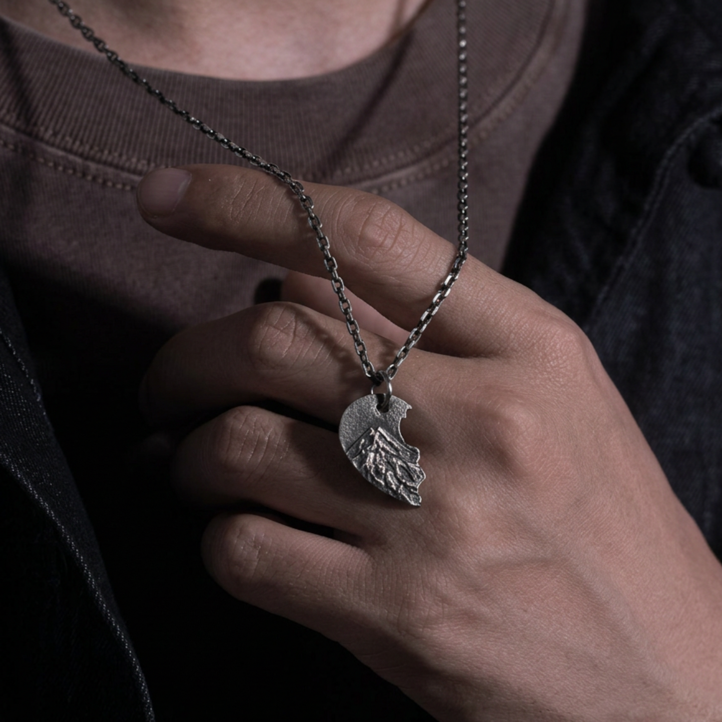 S999 Fine Silver Couple Heart Mountain and Ocean Pendant Necklace