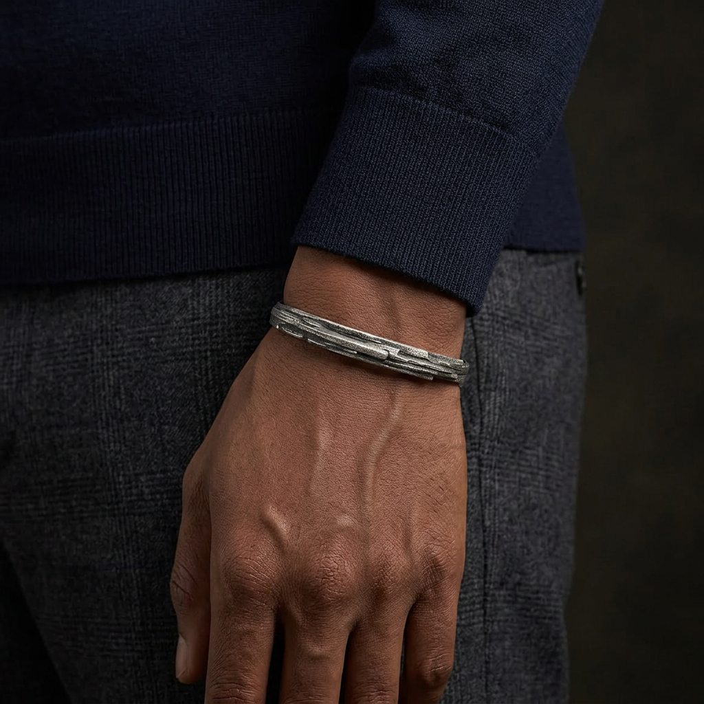 S999 Fine Silver Vintage Unisex Texture Bangle Minimalist Bracelet