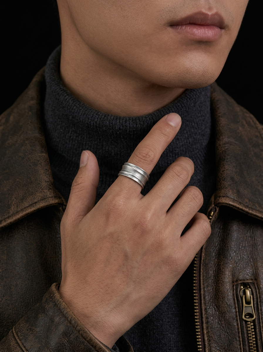 S999 Fine Silver Vintage Pattern Minimal Men Band Ring