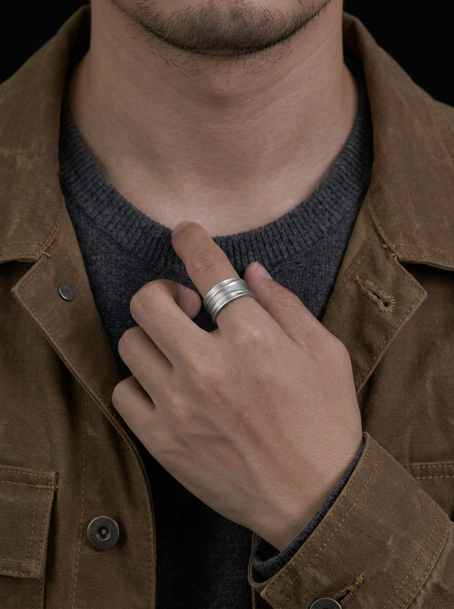 S999 Fine Silver Vintage Pattern Minimal Men Band Ring