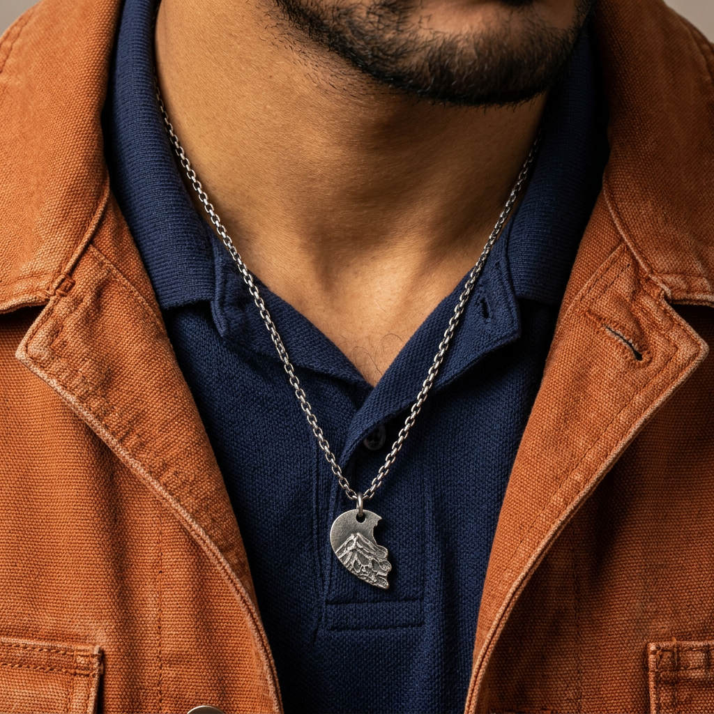 S999 Fine Silver Couple Heart Mountain and Ocean Pendant Necklace
