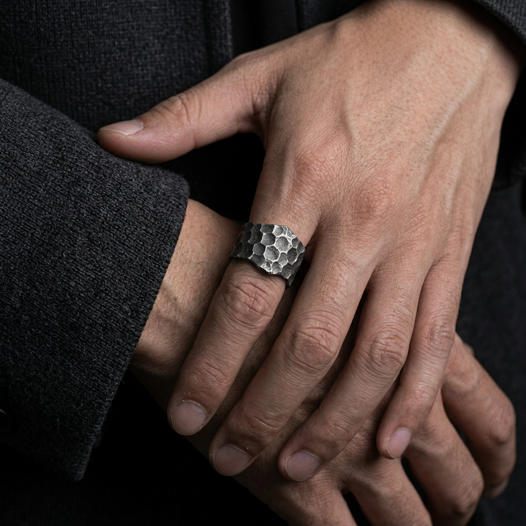 S999 Fine Silver Vintage Hand Crafted Volcanic Texture Lava Ring