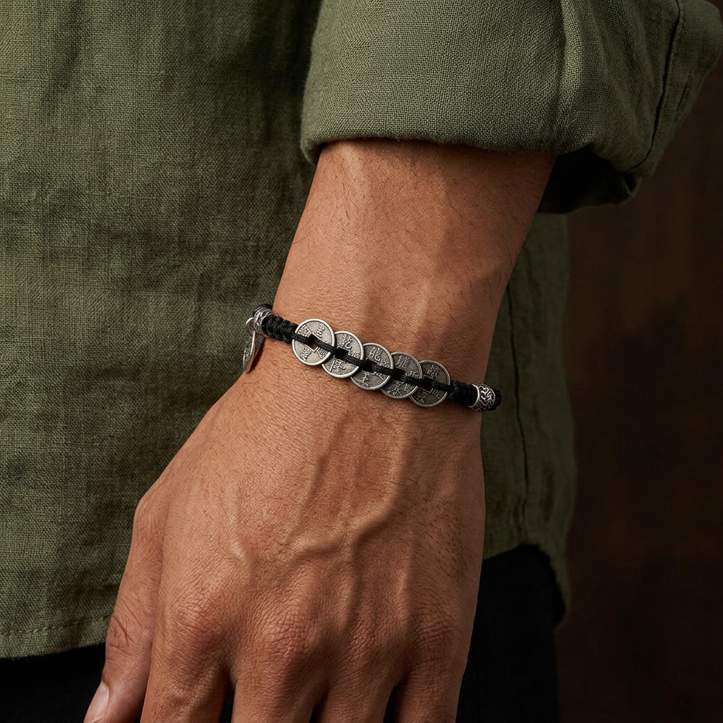S999 Fine Silver Vintage Unisex Five Emperor Coins Braided Bracelet