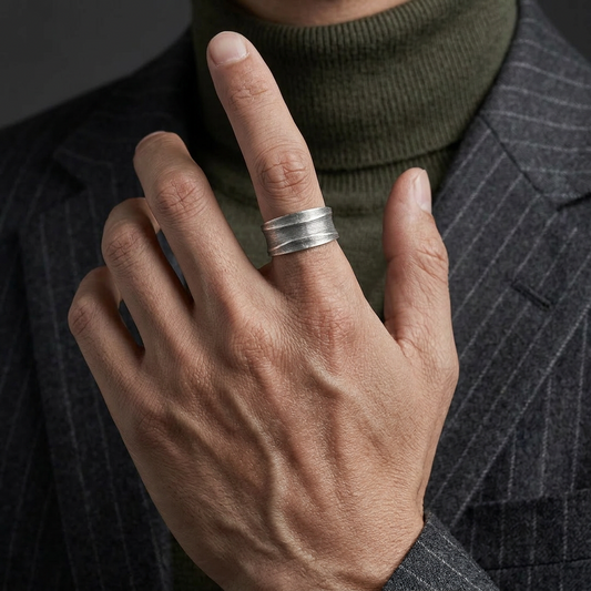 S999 Fine Silver Vintage Pattern Minimal Men Band Ring