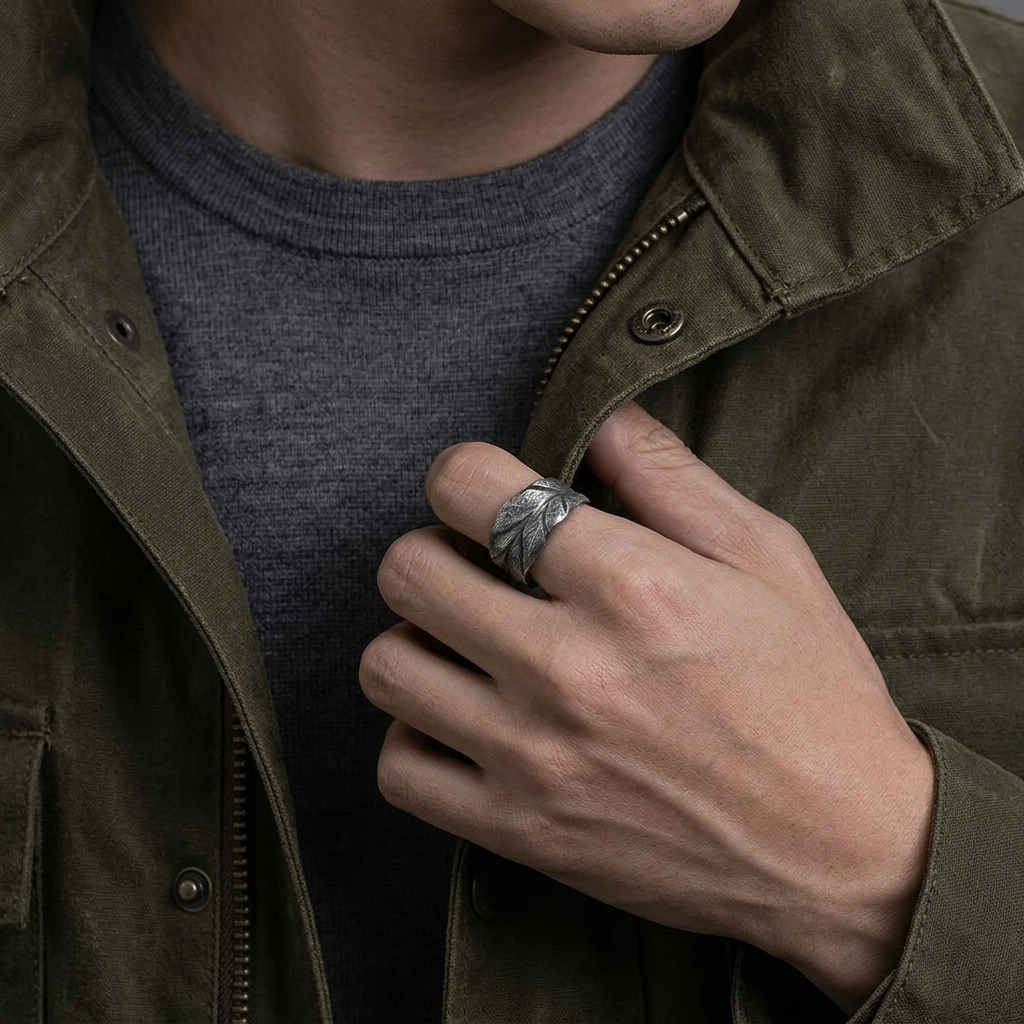 S999 Fine Silver Rustic Leaf Minimalist Unisex Ring