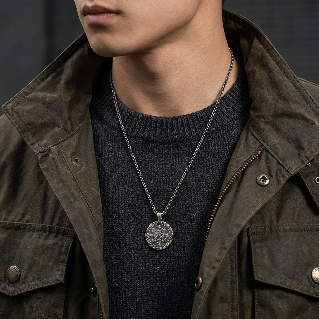 S999 Fine Silver Tibetan-style Eight Auspicious Symbols compass Pendant Necklace