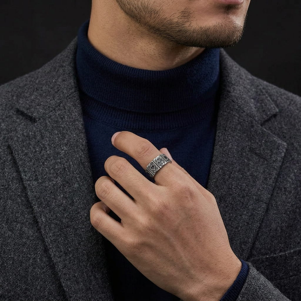 S999 Fine Silver Vintage Lucky Poker Band Ring Unisex Men Women