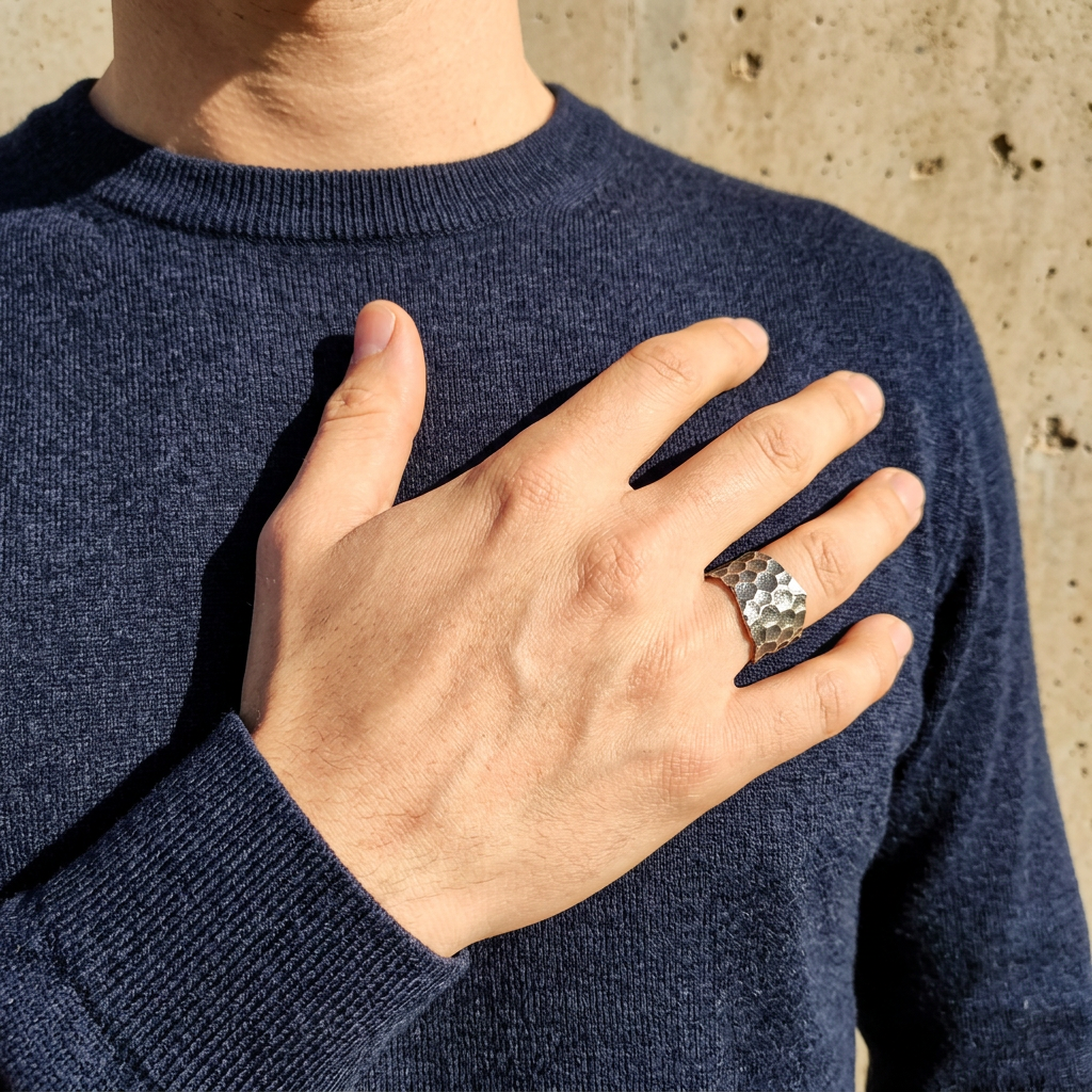 S999 Fine Silver Vintage Hand Crafted Volcanic Texture Lava Ring