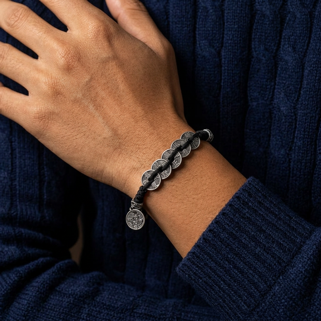 S999 Fine Silver Vintage Unisex Five Emperor Coins Braided Bracelet