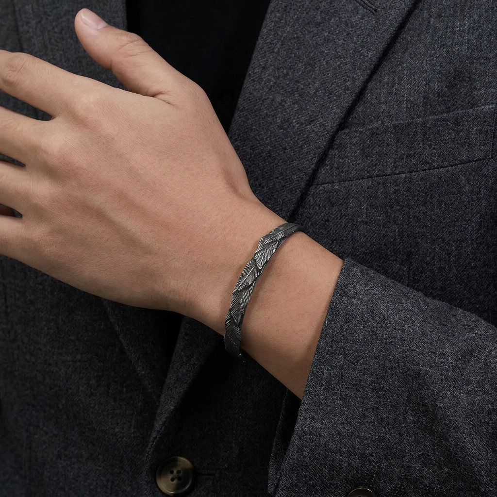 S999 Fine Silver Vintage Unisex Feather Bangle Minimalist Nature Inspired Design