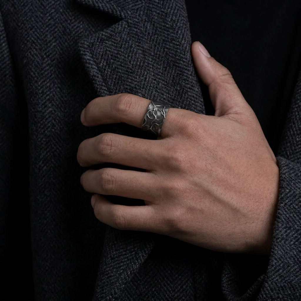 S999 Fine Silver Vintage Pattern Minimal Men Band Ring